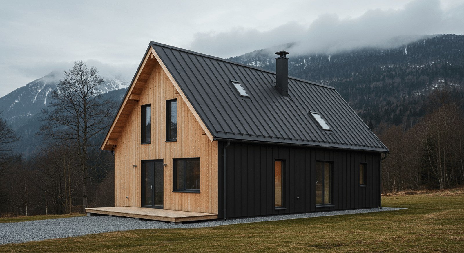 Modern home exterior with timber cladding and large windows