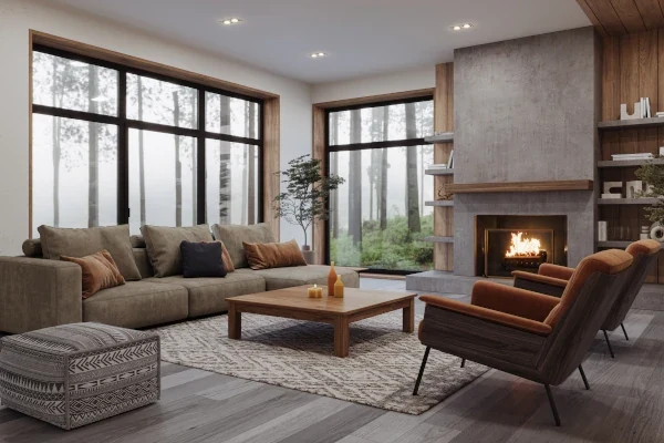 Modern living room with floor-to-ceiling windows showcasing EuroCore systems