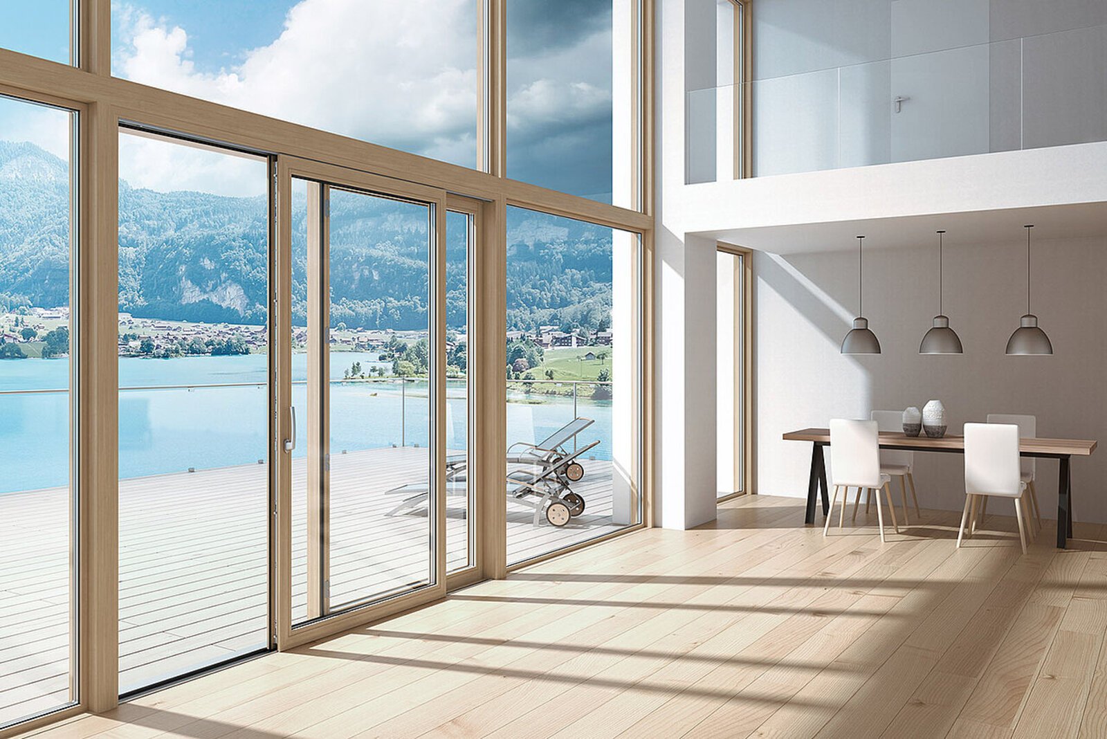 Bright architectural living room with floor-to-ceiling glass