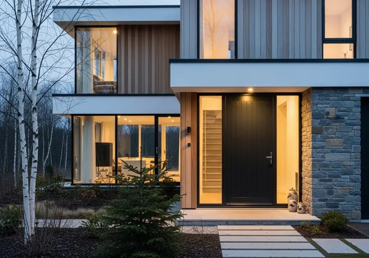 Modern home with dark door and large windows showcasing WinDor systems